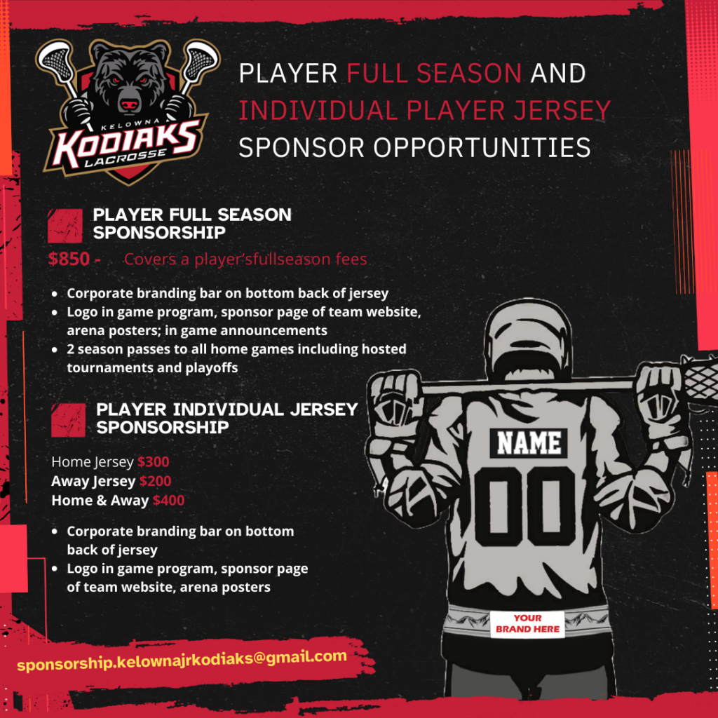 2026 Sponsorship packages for Kelowna Junior Lacrosse Club