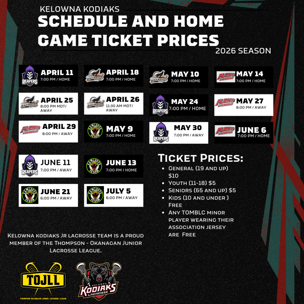 2026 Kelowna Jr Kodiaks Lacrosse Club schedule
